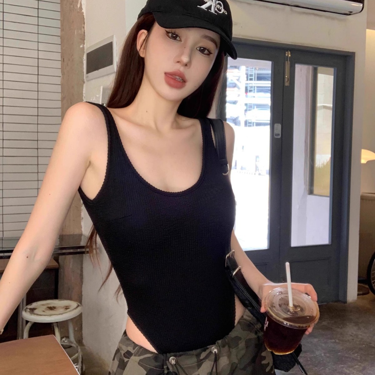 Tank Top Ribbed - Siyah Strappy Bodysuit Seksi Backless Nervürlü
