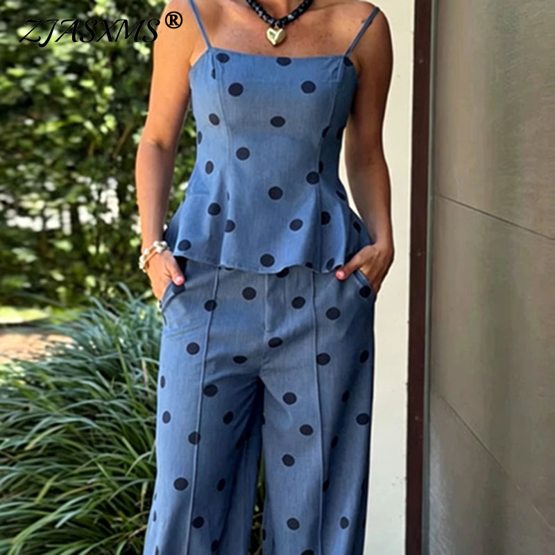 Suspender Tank Top - Vintage Puantiyeli Şambray İki Parçalı Takım