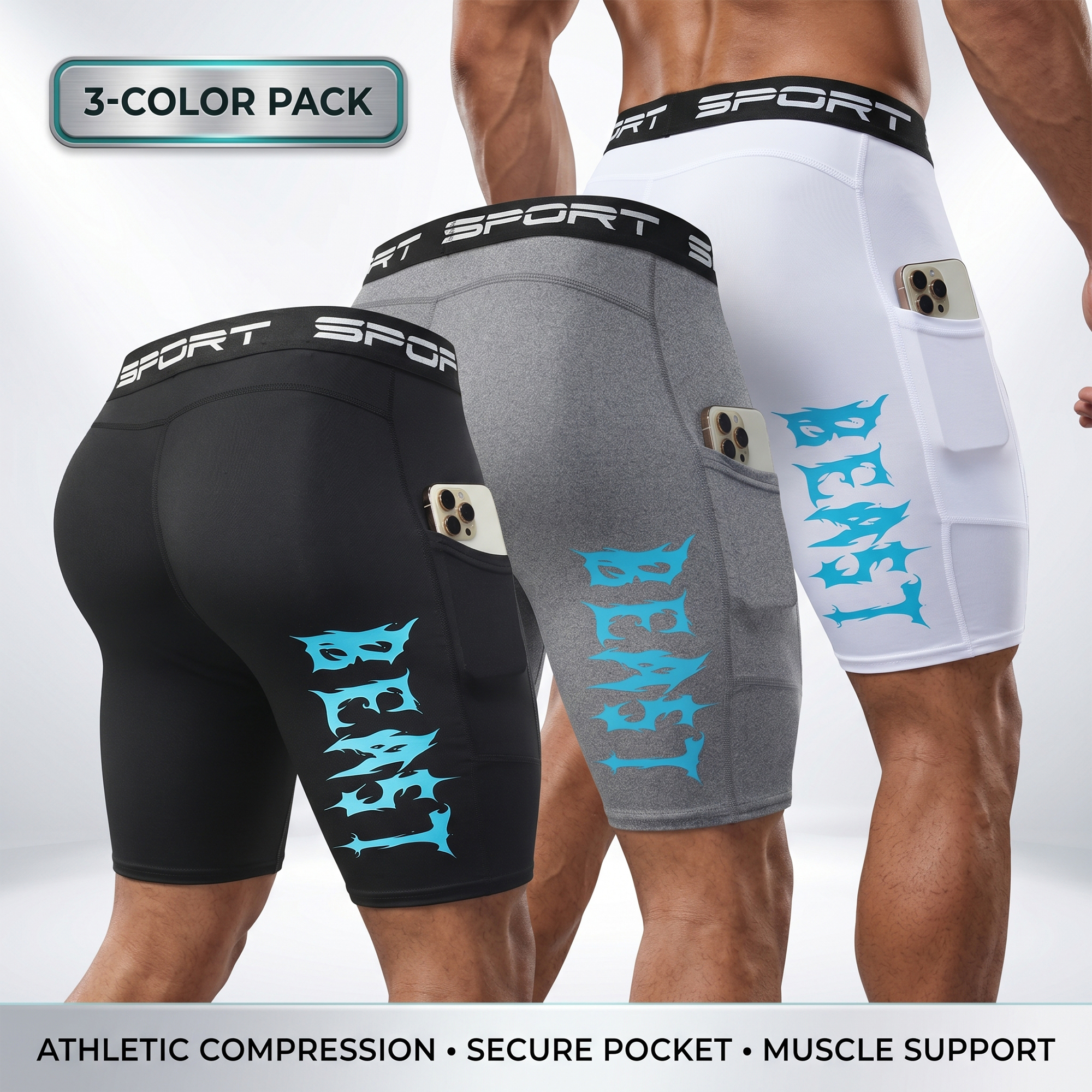 Compression Shorts Athletes - 3'lü Paket Erkek Kompresyon Şortları Telefon