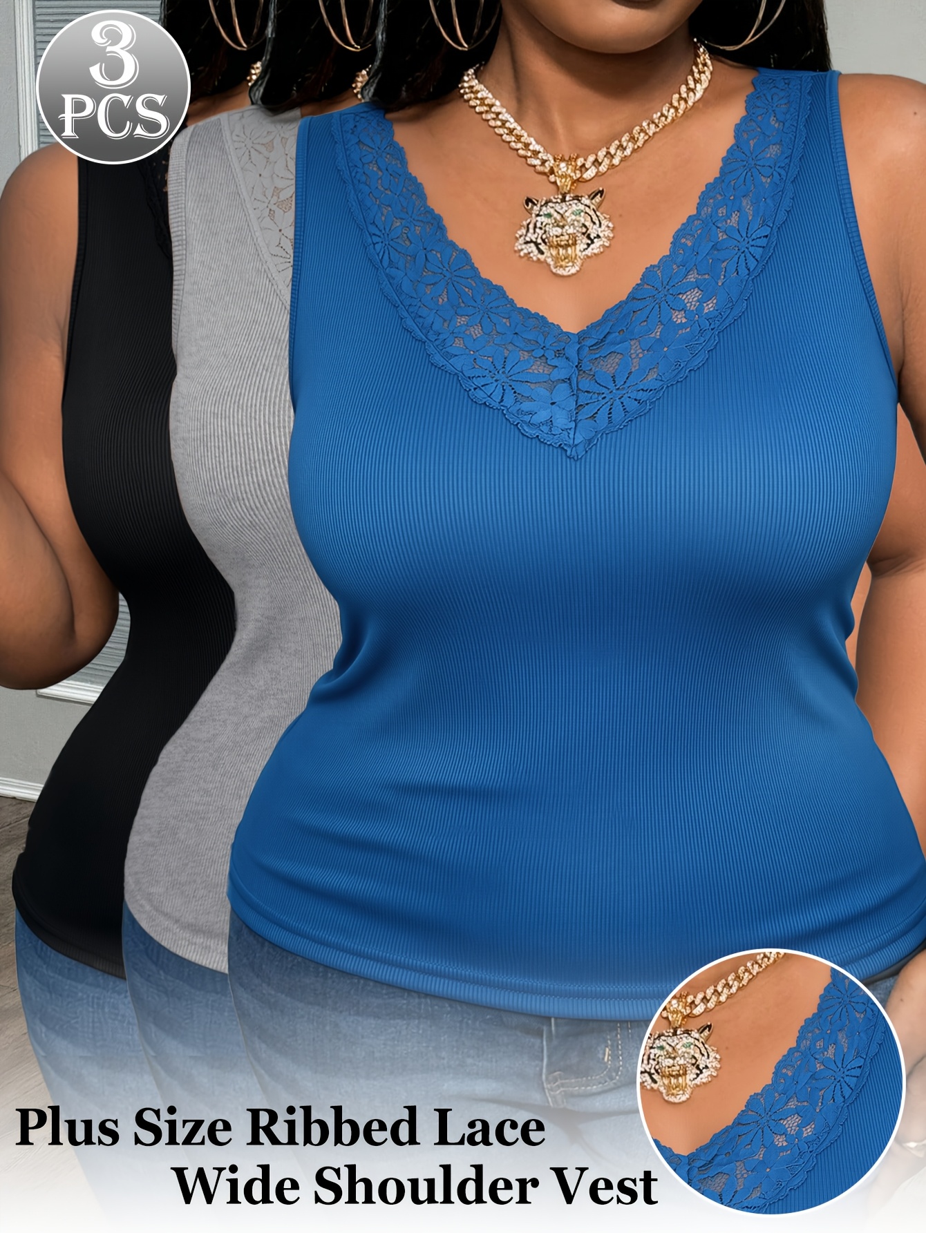 Sleeveless Undershirt - 3'lü Paket Büyük Beden Dantel V