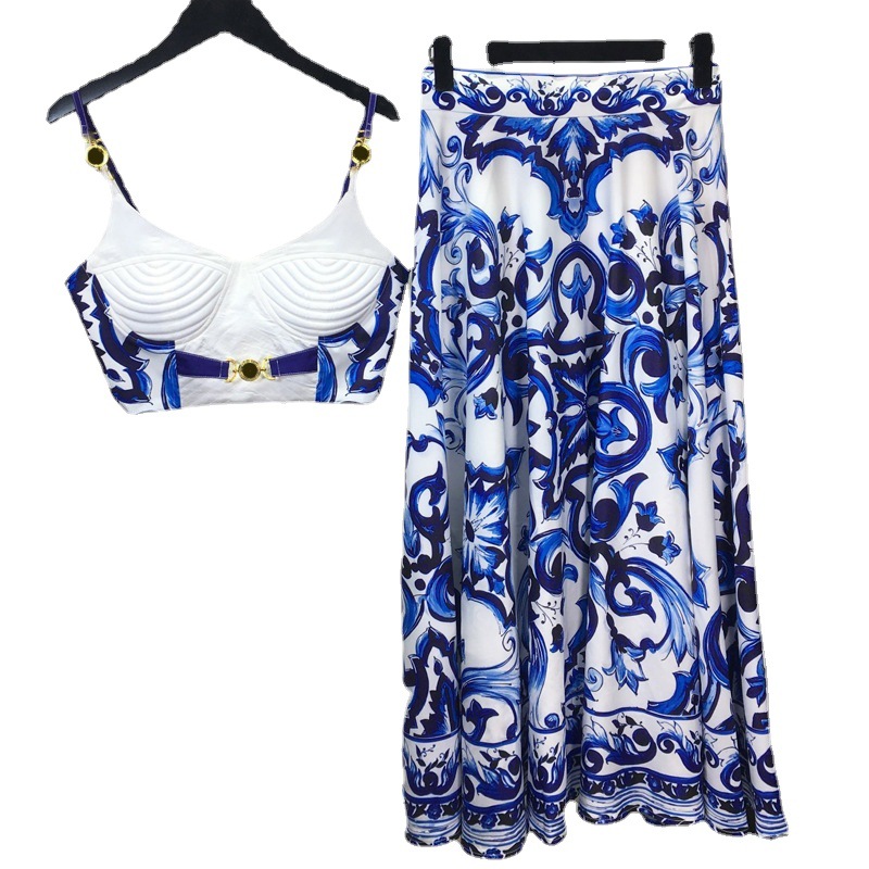 Suspender Tank Top - Yaz Bohemain mavi ve beyaz porselen