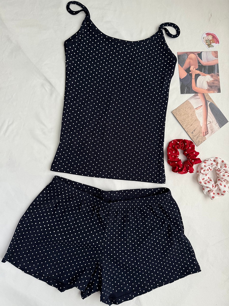 Tank Top Ribbed - Lacivert Noktalı Nervürlü Şort Takımları Kadın