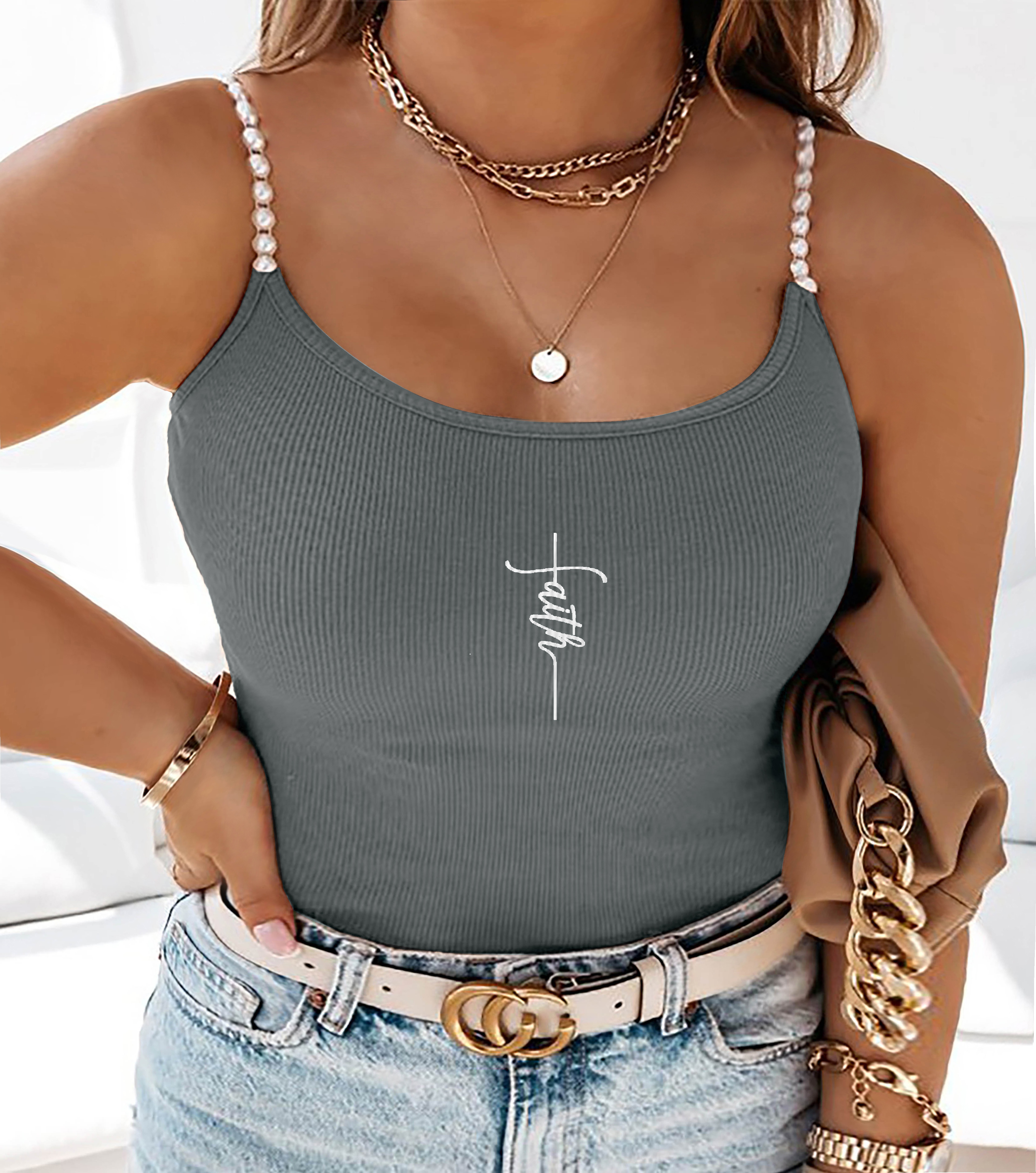 Tank Top Ribbed - Büyük Beden Kare Yaka İnci Askılı